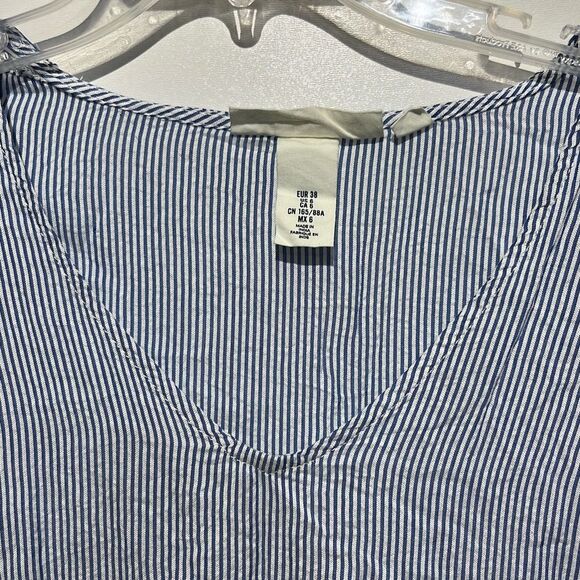 H&M L.O.G.G Women's Blue White Pinstripe Tie Sleeve V-Neck Blouse Size 6 - Picture 5 of 11
